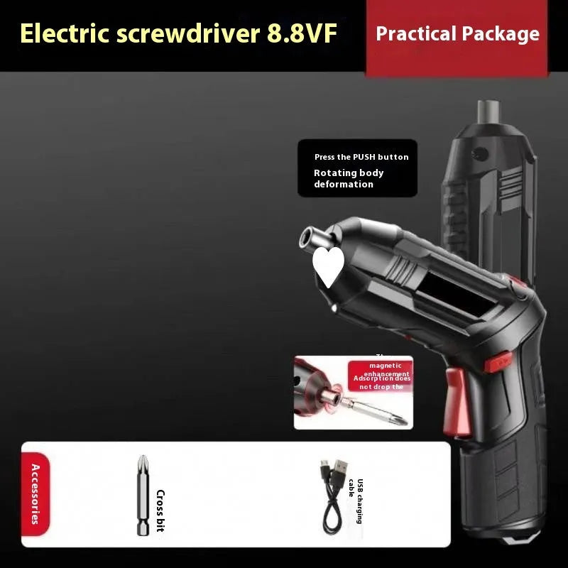 Cordless electric screwdriver tool with lithium battery, presented in a strong fabric utility bag.