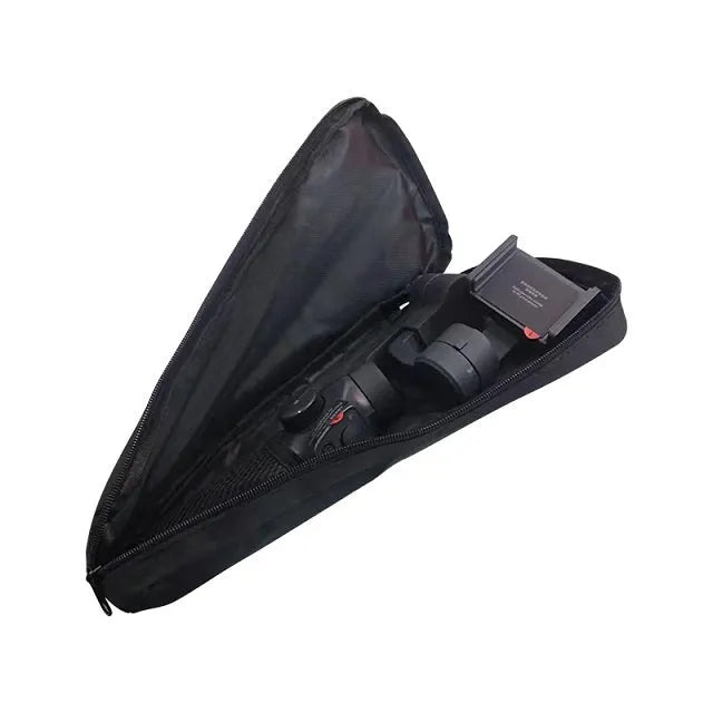 Black cloth storage bag for a mobile phone stabilizer and its accessories.