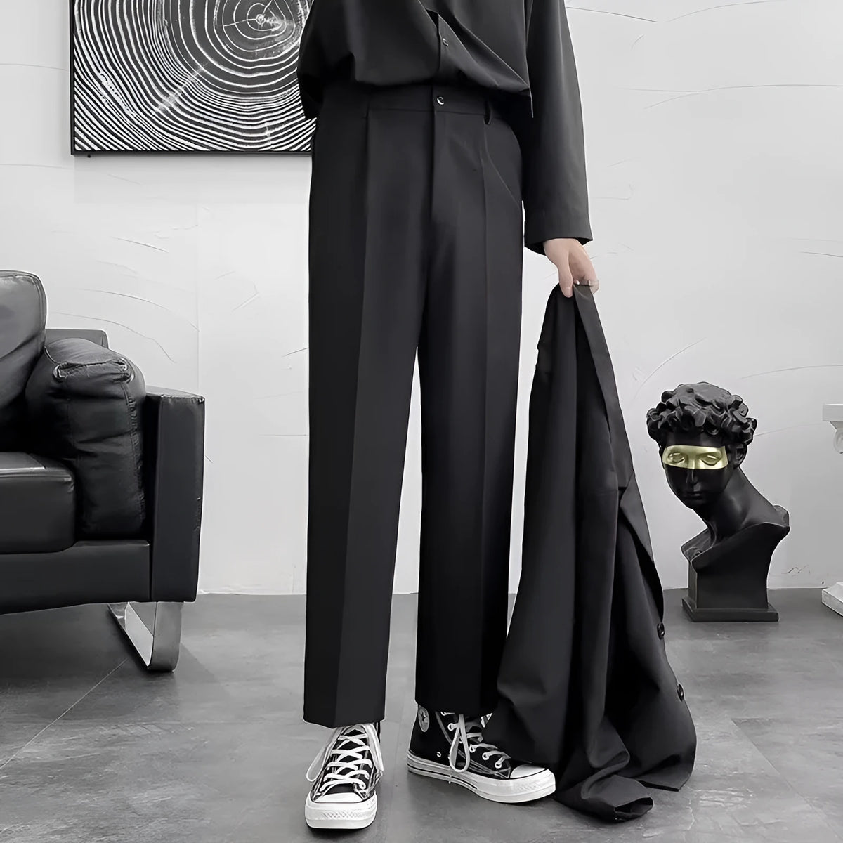 Loose Korean style casual wide leg trousers in polyester, shown in black, dark gray, light gray, or khaki, sizes S to 5XL.