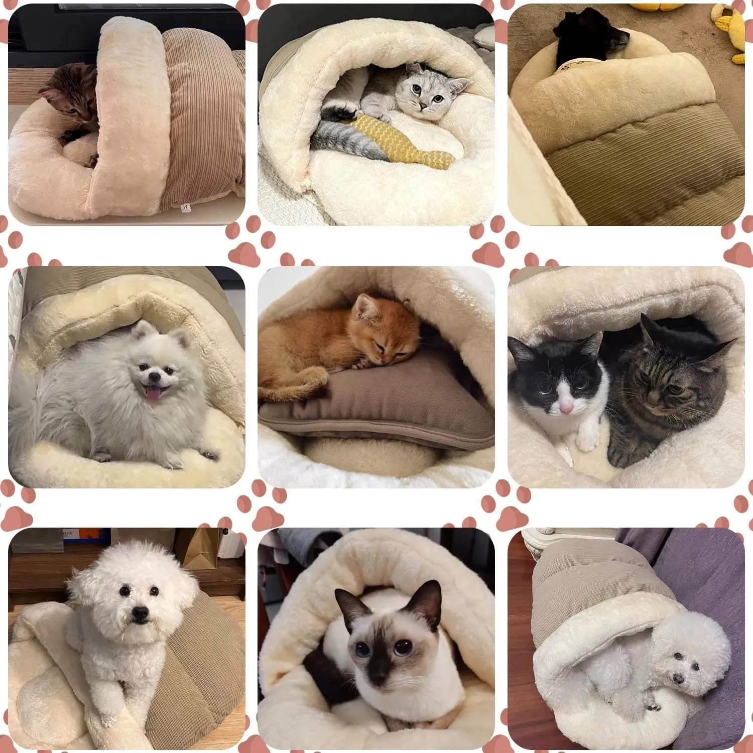 Grey slipper-shaped cat cave bed with plush lining shown both as an enclosed hideout and opened as a flat bed.