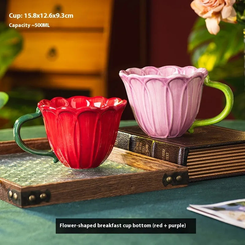 Ceramic breakfast cup with pastoral pattern, showing red and purple colour options.