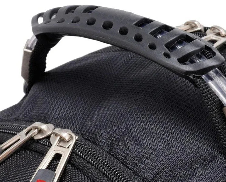 Black business computer backpack showing multiple compartments and organiser pockets.