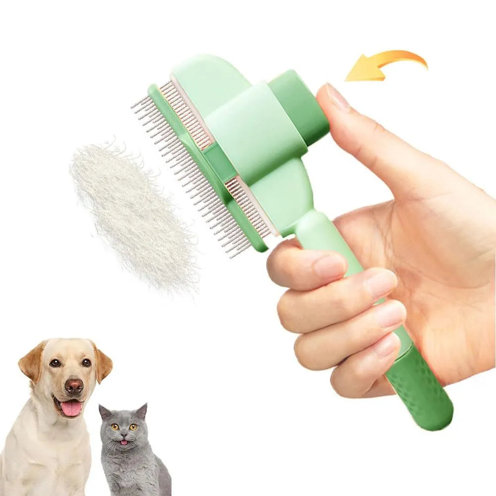 Yellow and green self-cleaning pet grooming comb with stainless steel teeth and release button