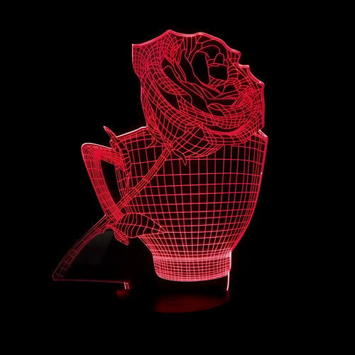 3D rose-shaped LED night light on a black base showing multiple colour options