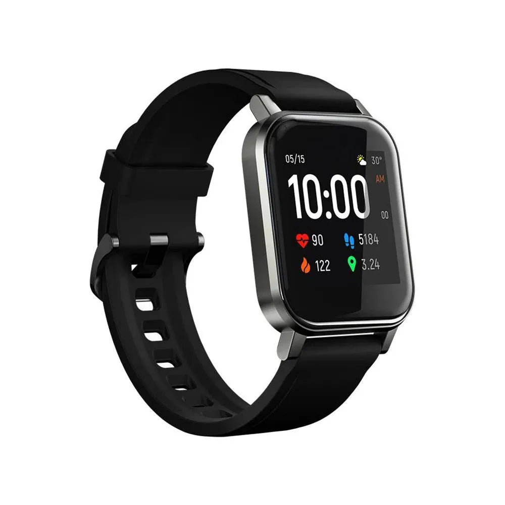 Black waterproof smart bracelet with 1.4-inch screen showing health metrics on silicone wrist strap