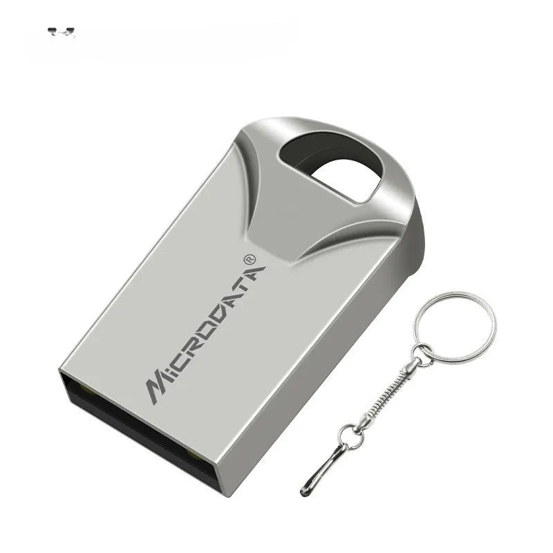 Small silver metal car-shaped USB drive on a chain necklace, showing scale.