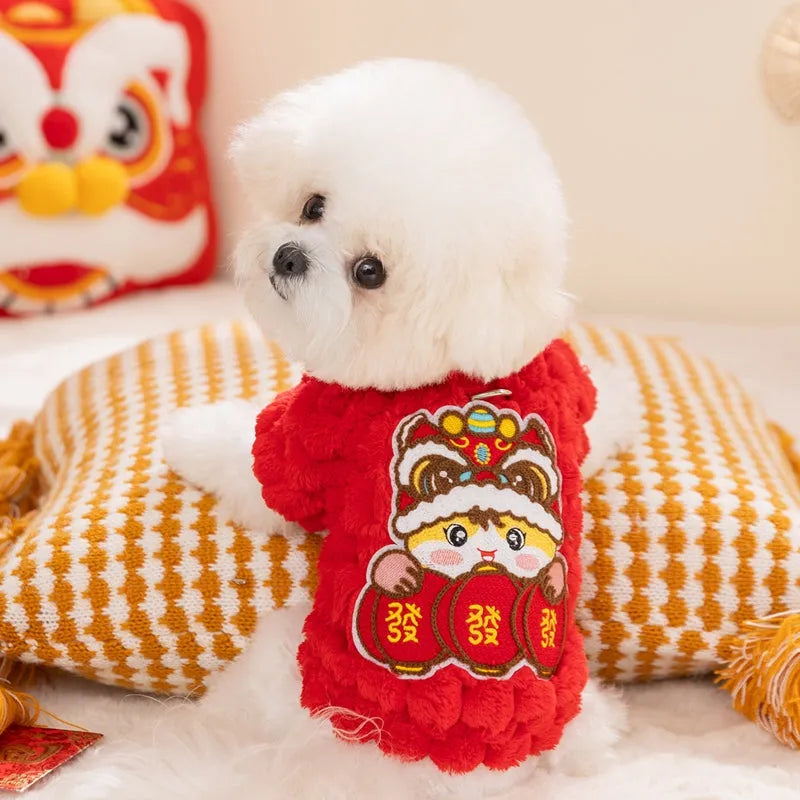 Red Lion Dance Pet Vest with lion dance embroidery and lanterns on small dog