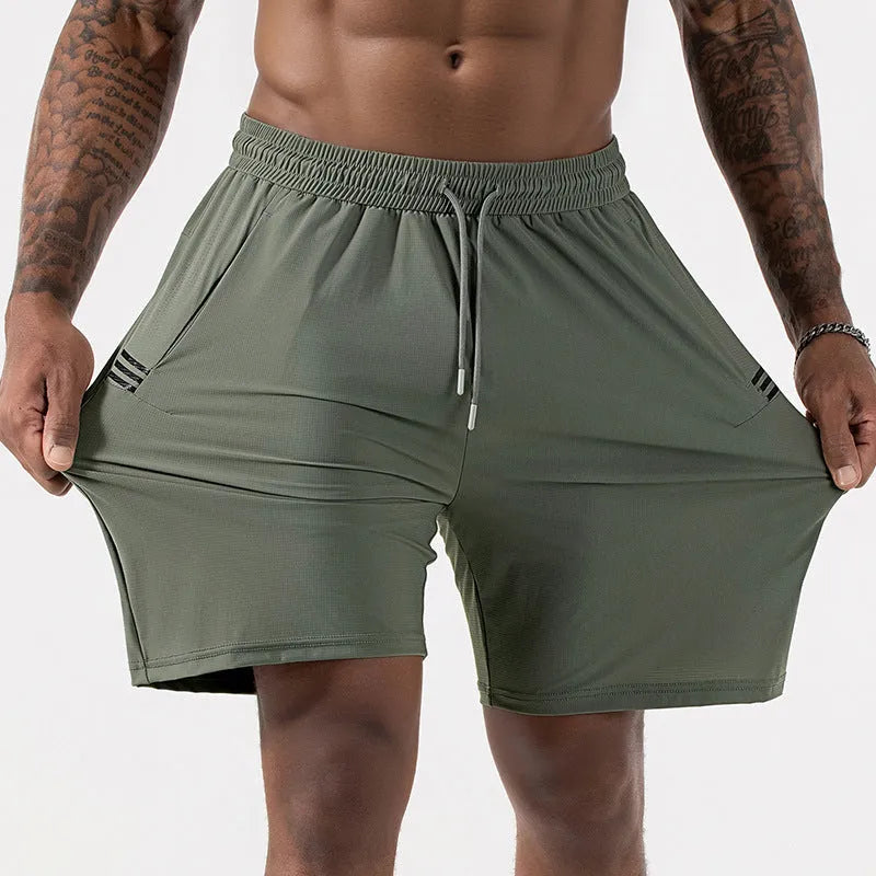 Men's black Ice Silk quick-drying sports shorts with high waist and drawstring closure