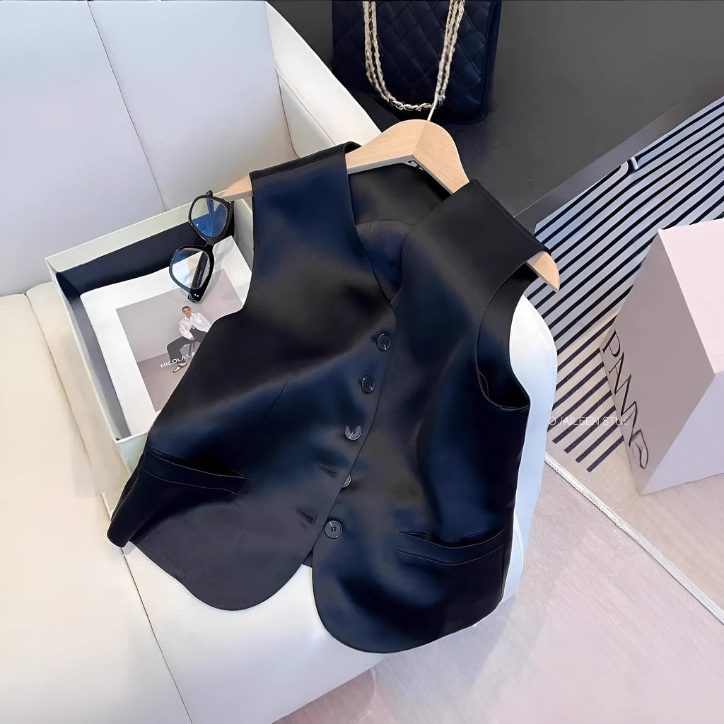 Black satin loose-fit sleeveless vest for women on a hanger