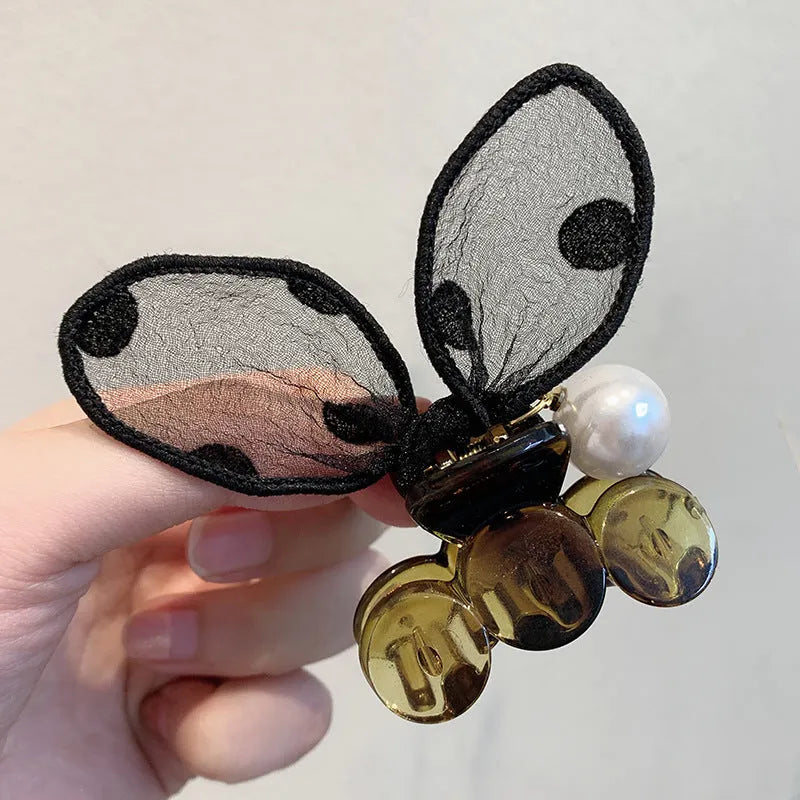 Polka dot lace rabbit ears hair clip with pearl hairpin in four colours: coffee, grey, red, yellow