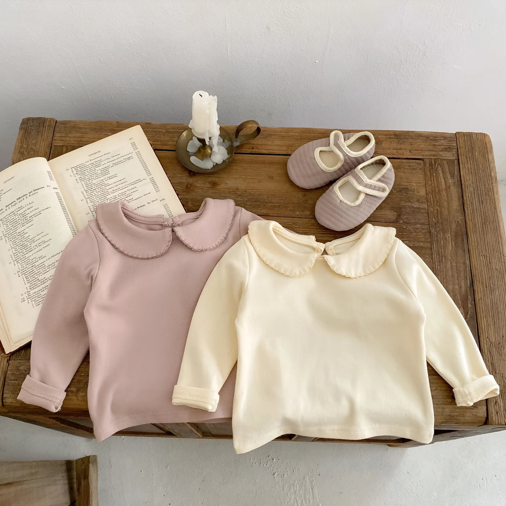 Peter Pan collar long-sleeve top and trousers cotton two-piece children's suit in apricot and mud powder