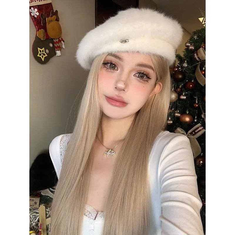 Long straight milk tea blonde women's wig made from high-temperature fibre with included hairnet