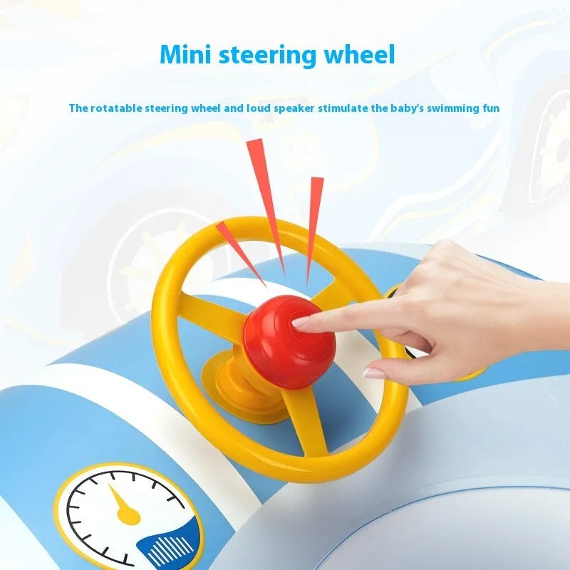 Pink inflatable car swimming ring for kids with a steering wheel, for pool and beach use.