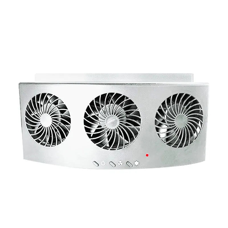 Black and white USB-powered car ventilation fan measuring 23cm long