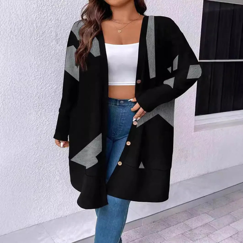Black plus size casual cardigan coat with button stitching and printing design in Japanese Korean style