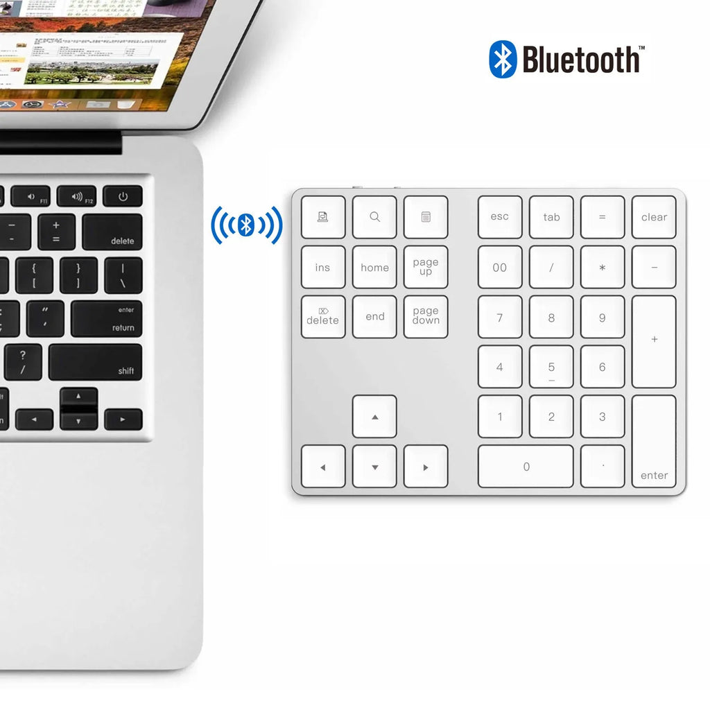 Wireless aluminium alloy Bluetooth numeric keypad with 34 keys in silver finish