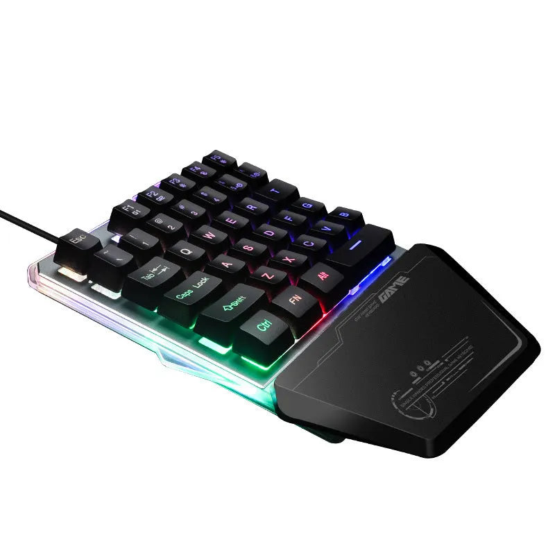 Black G40 Flow one-handed mechanical gaming keyboard with RGB backlighting on keys.