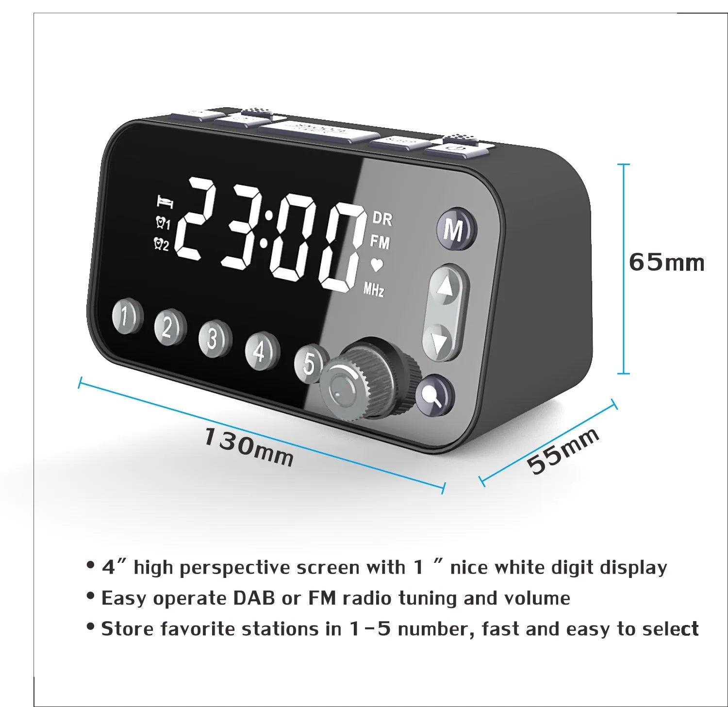 Black DAB bedside alarm clock with LED display, control buttons, pig tail antenna and USB ports