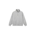 Grey half-zip stand collar cotton sweater with long sleeves on a hanger