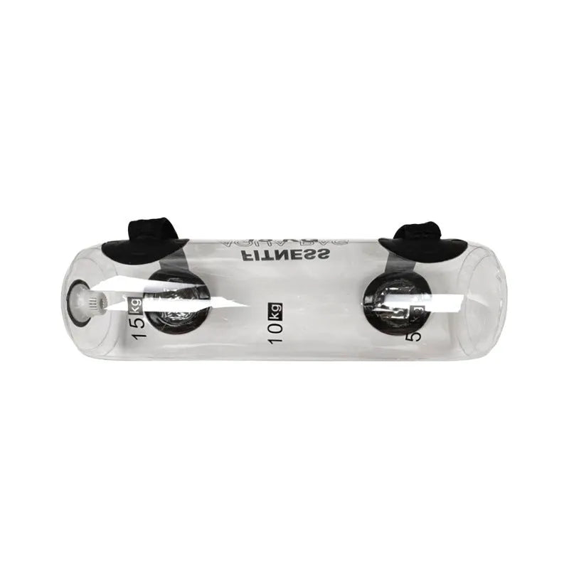Transparent PVC inflatable dumbbell bag filled with water for adjustable weight strength training.