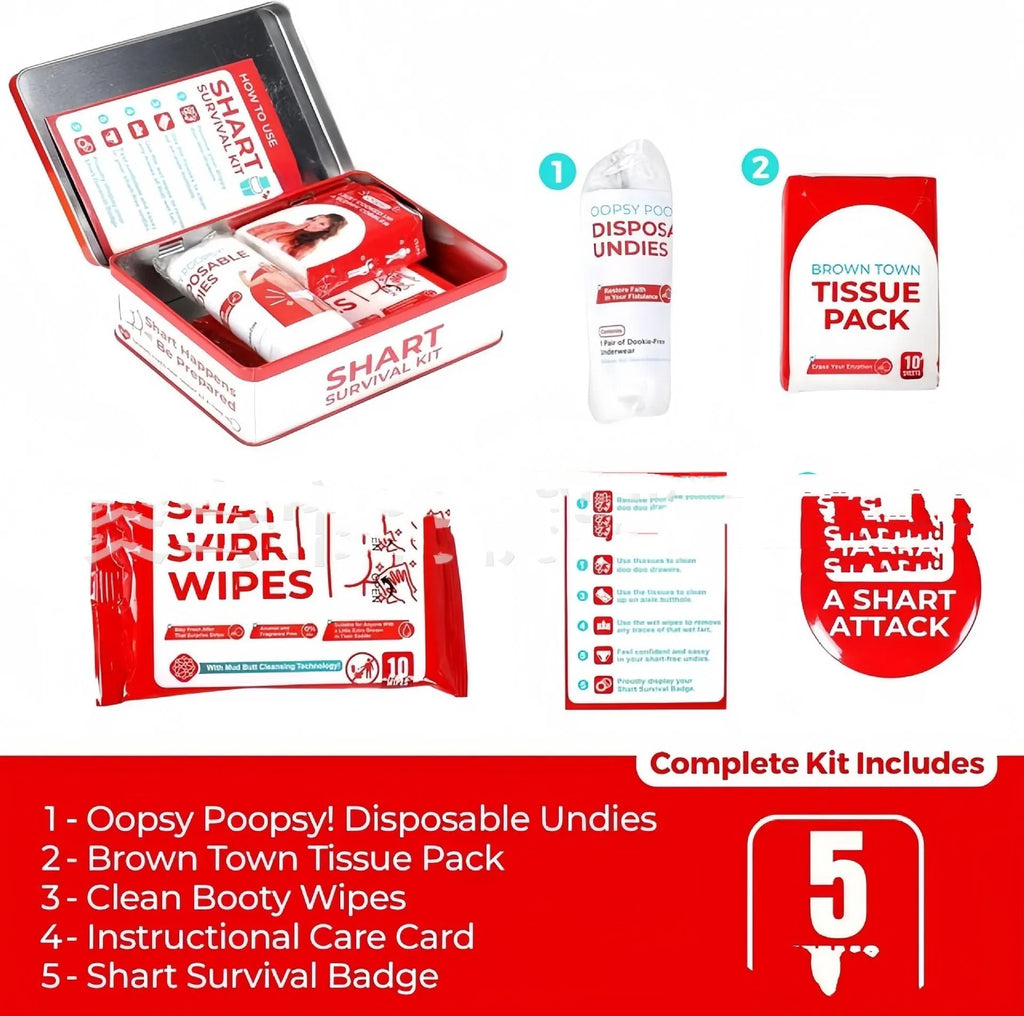 Poop Gift Set Survival Kit in aircraft box with wet wipes, dry wipes, disposable underwear, badge, and instruction card