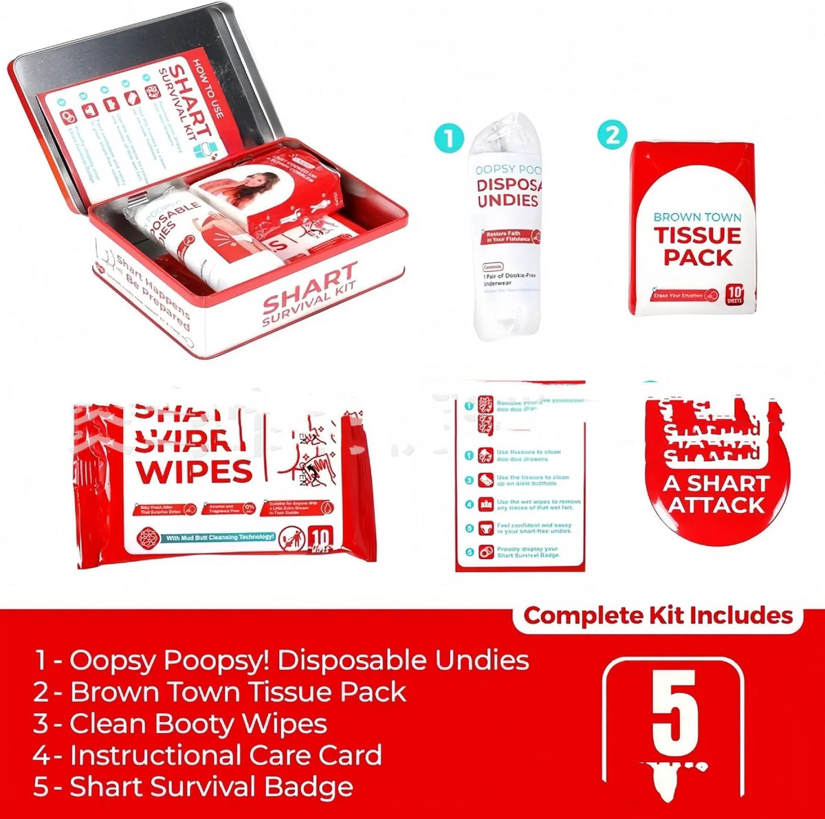 Poop Gift Set Survival Kit in aircraft box with wet wipes, dry wipes, disposable underwear, badge, and instruction card