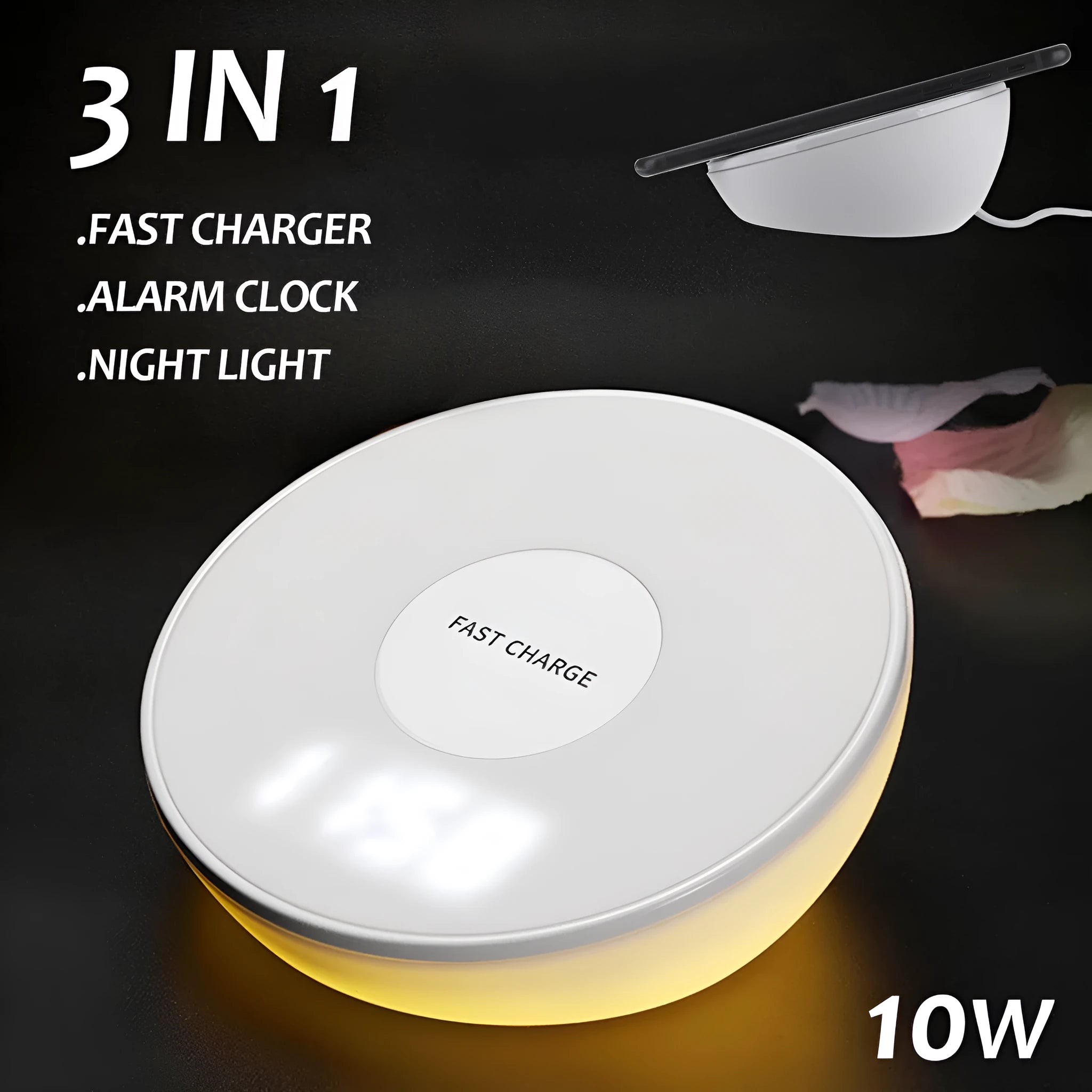 White wireless phone charger with digital clock display and control buttons