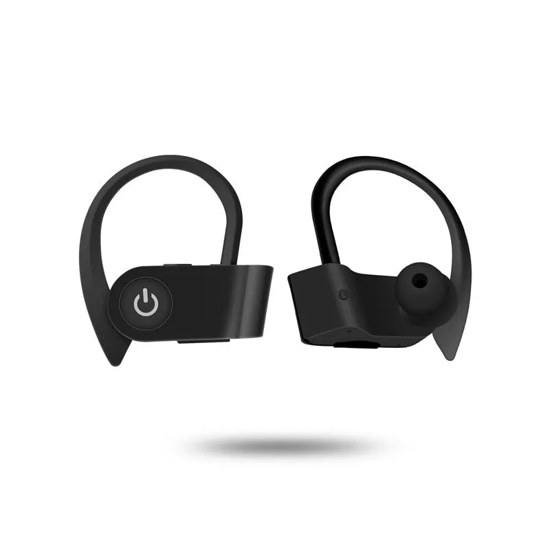 V5.0 Bluetooth wireless earphones with ergonomic design in black, grey, and red colour options