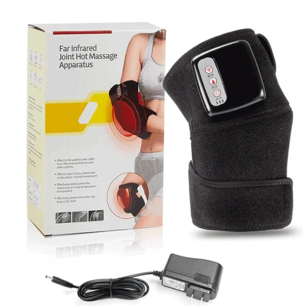 Electric infrared heating knee massager wrap with vibration and rechargeable battery on a knee joint