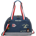 Blue denim pet carrier bag with cartoon pattern measuring 43cm by 20cm by 30cm