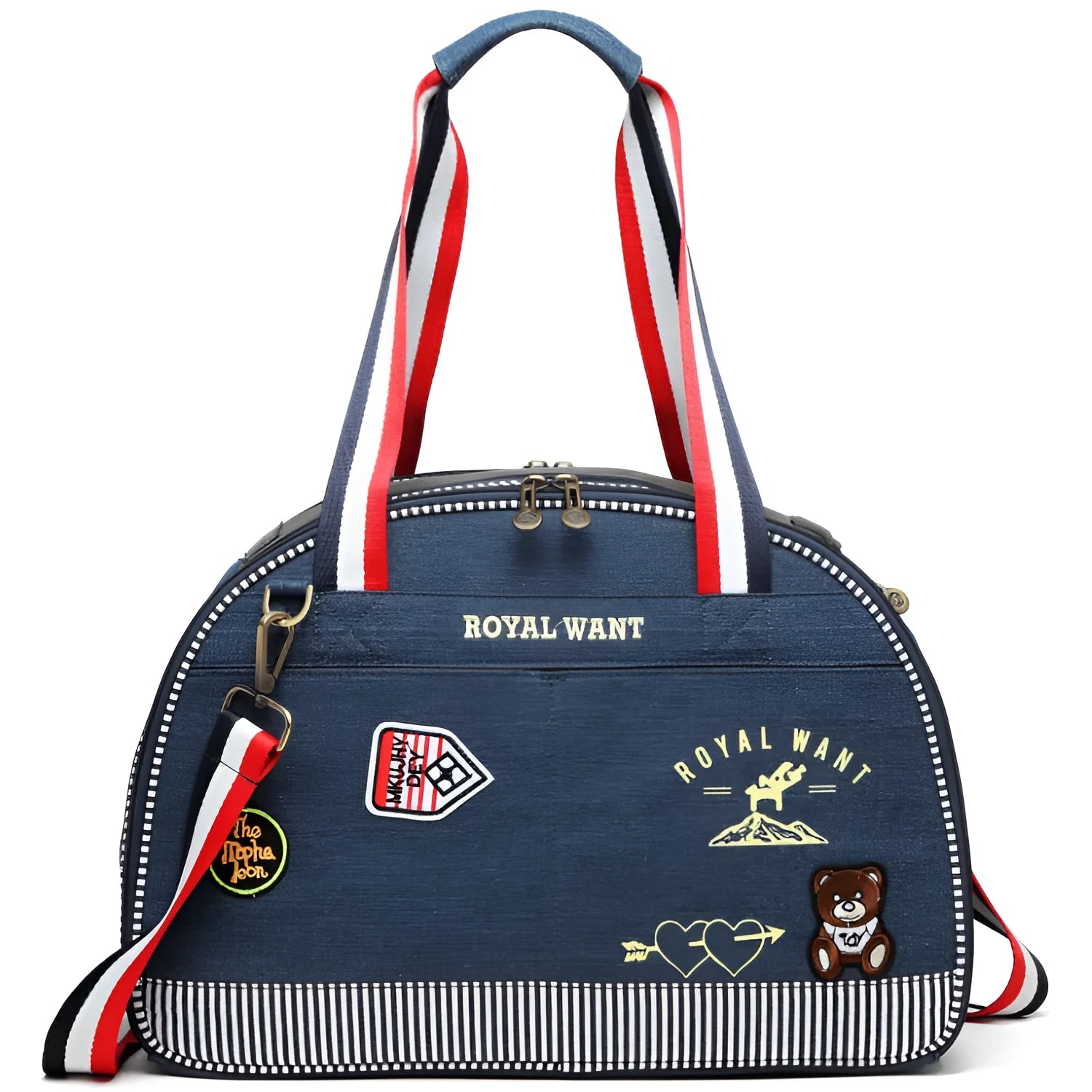Blue denim pet carrier bag with cartoon pattern measuring 43cm by 20cm by 30cm
