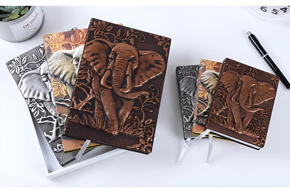 PU leather embossed retro notebook with Bronze relief cover showing beige inner pages