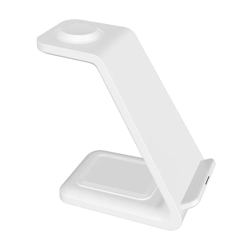 White upright wireless charging stand holding a mobile phone in landscape orientation.
