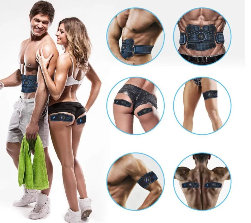 EMS abdominal muscle stimulator sticker in PU gel with rechargeable device and USB cable, available in Blue, Blue spot and Orange.