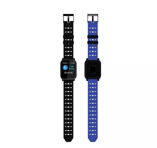 A6 smart bracelet with colour screen and silicone strap in blue, shown on a wrist.