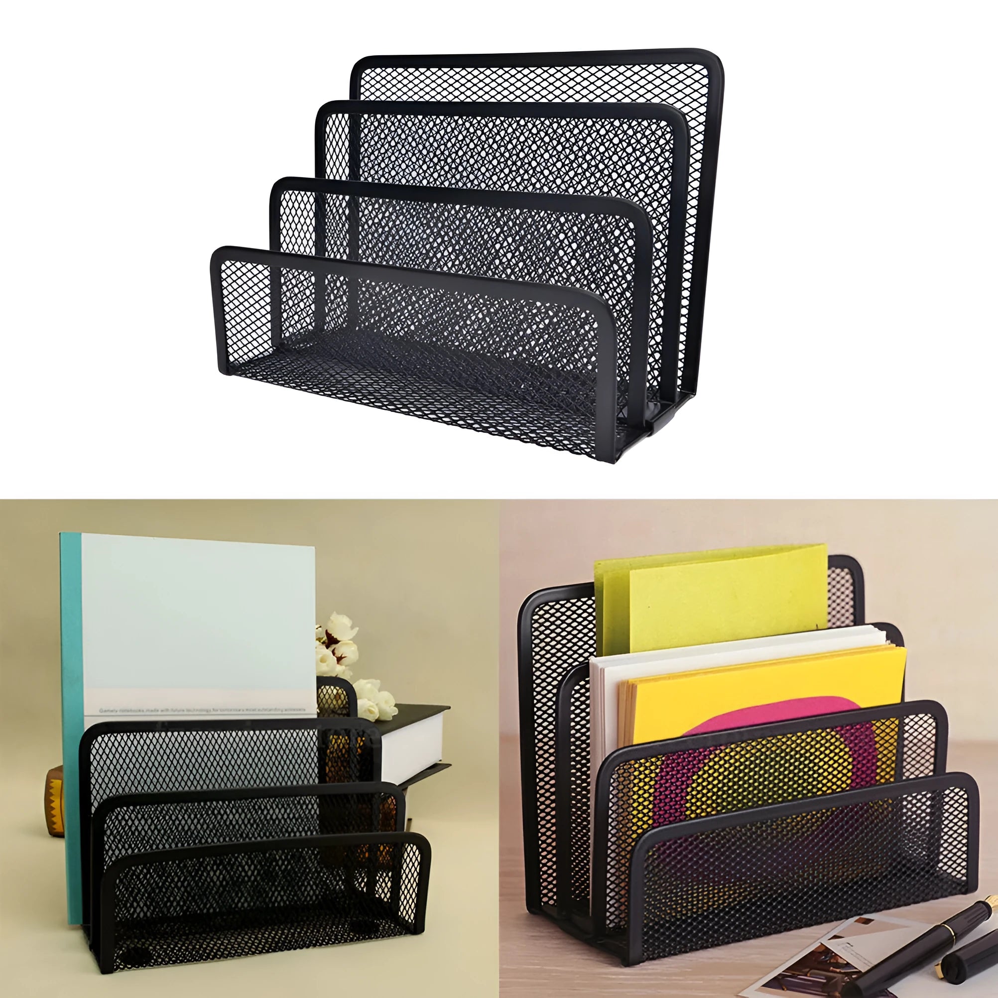 Three tier metal mesh desk organizer with iron frame storing papers and letters on a wooden desktop