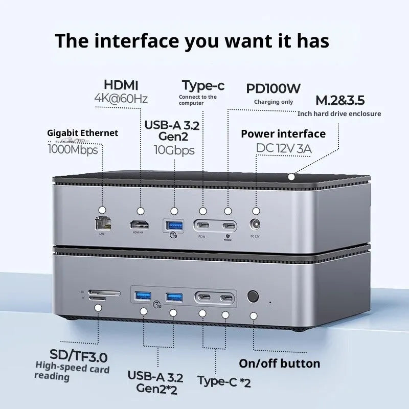 8-in-1 USB 3.2 M.2 hard disk docking station with gigabit network port and 4K HD in black aluminium alloy