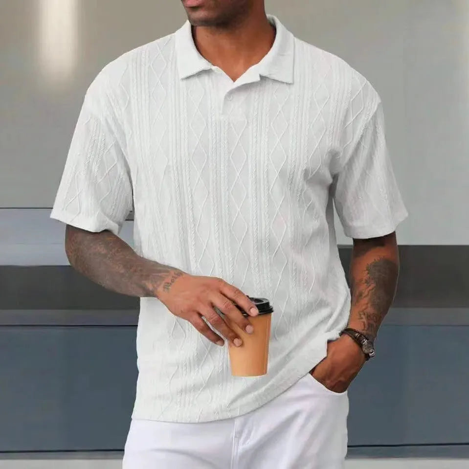 Retro button lapel short sleeve t-shirt in cotton blend fabric, loose fit with side slit detail