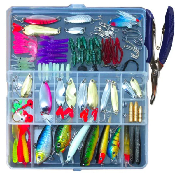 132-piece fishing lure set with soft baits and hooks in rose red treasure packaging