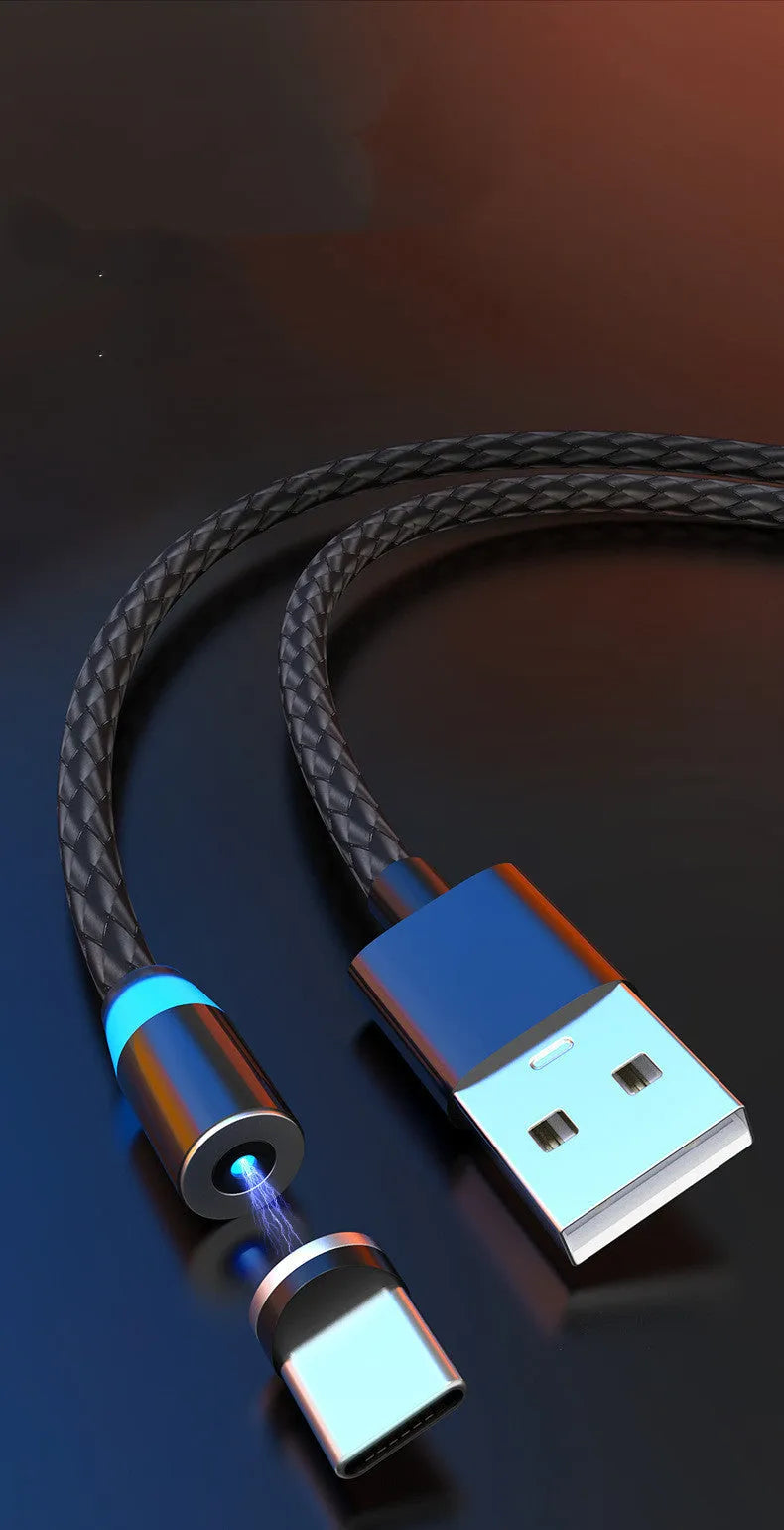 Magnetic charging cable with LED light showing black cable and silver magnetic tips for iPhone and Android phones