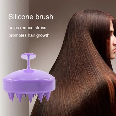 Green silicone scalp massage brush with soft bristles measuring 9.5 by 8 by 7.3 centimetres