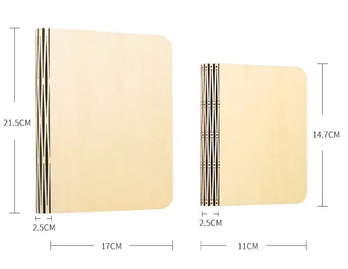 Solid wood book light in three sizes on a desk, showing white and warm white light options.