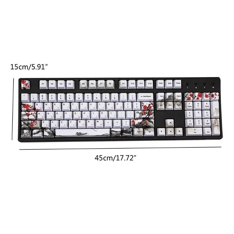 PBT keycap set with Wangjiang plum blossom design showing five-sided sublimation printing on OEM height keycaps