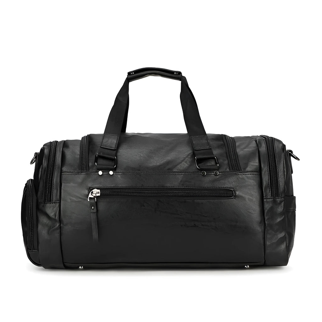 Large black PU travel bag with a separate shoe compartment, shown with dimensions 52cm by 19cm by 27cm.