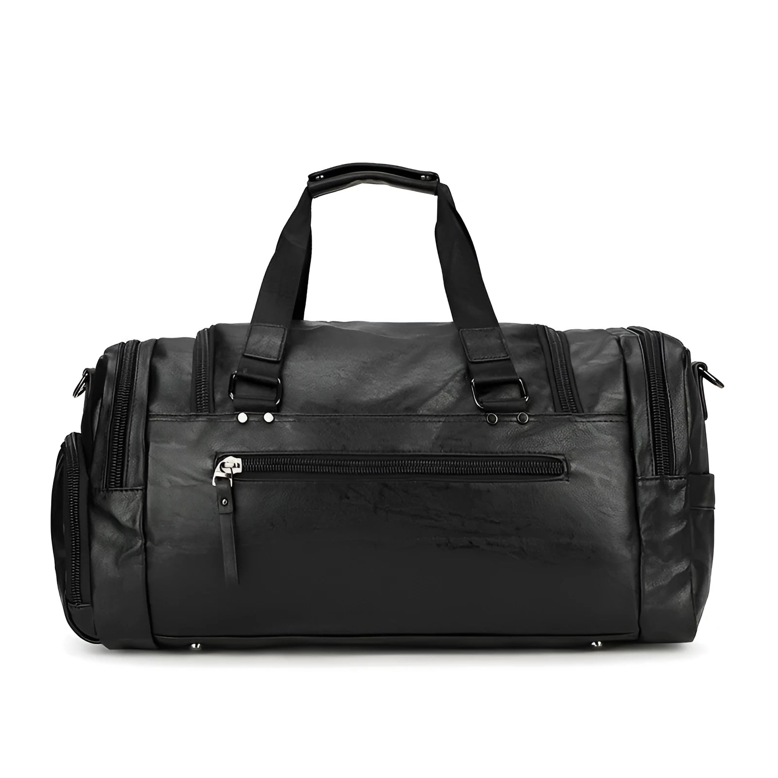 Large black PU travel bag with a separate shoe compartment, shown with dimensions 52cm by 19cm by 27cm.