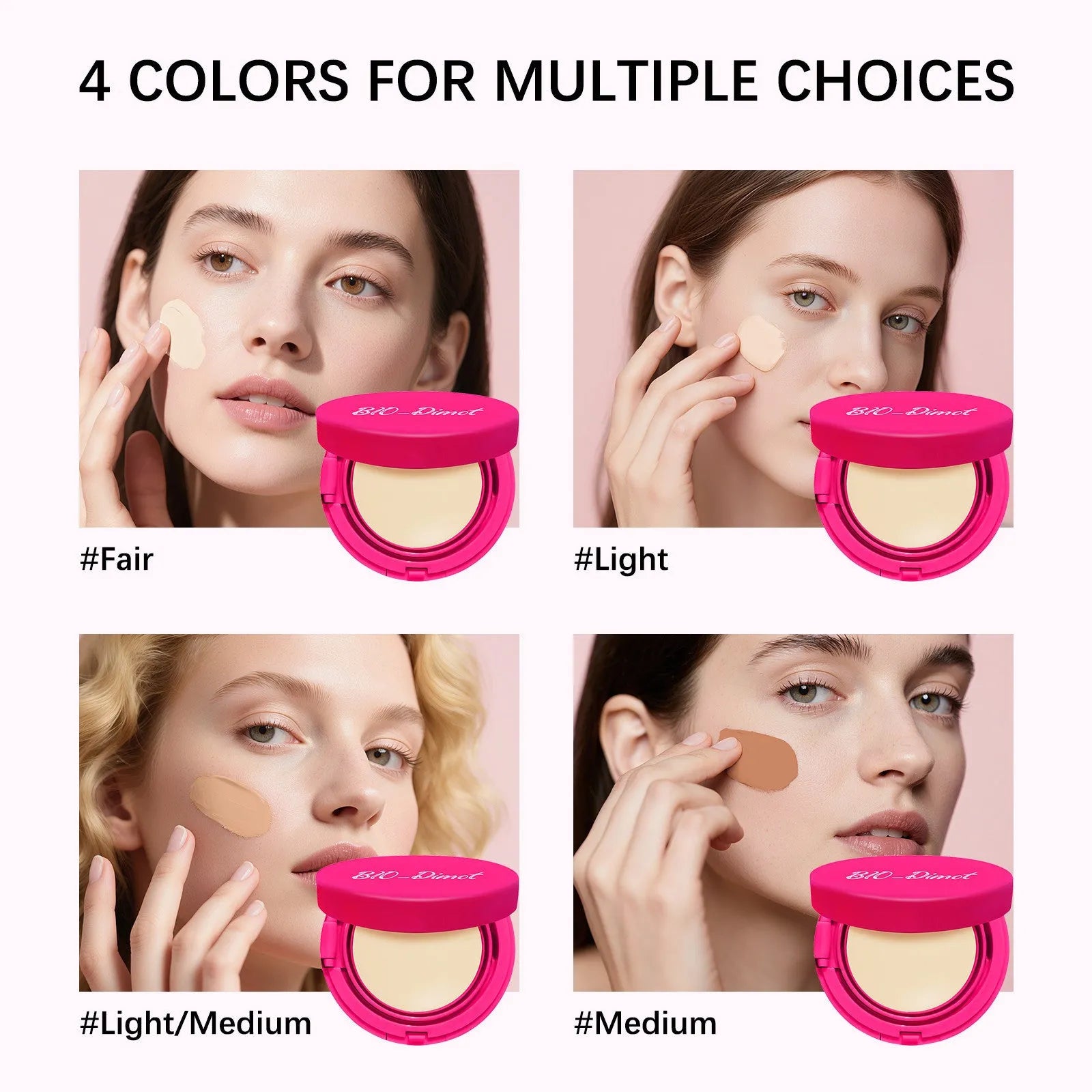 Liquid foundation cream in four nude shades: natural colour, cocoa colour, ivory white, deep flesh colour