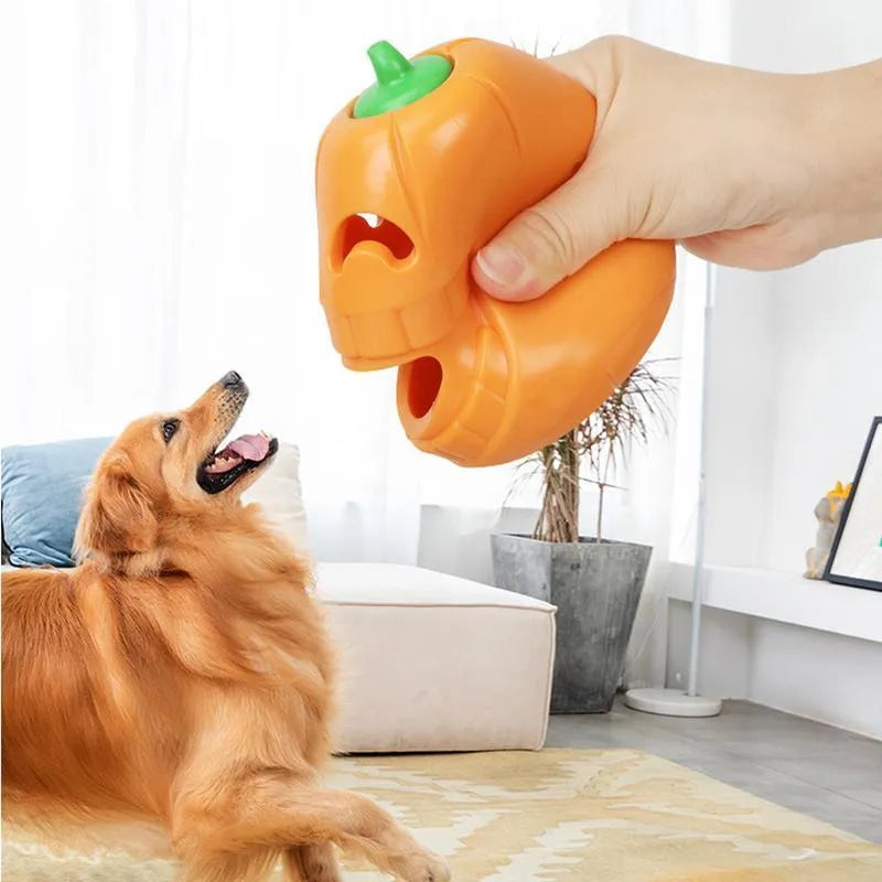 Yellow pumpkin-shaped TPR dog chew toy measuring 8.6x11.5cm