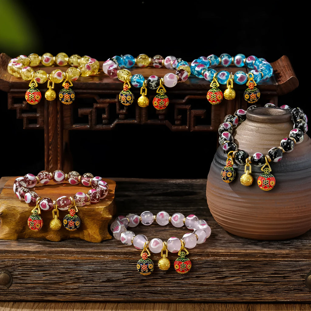 Swallowing gold beast cherry blossom powder heart bracelet with 10mm beads in six colour options