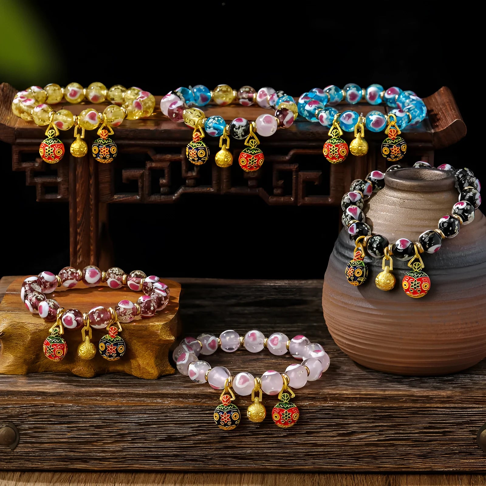 Swallowing gold beast cherry blossom powder heart bracelet with 10mm beads in six colour options
