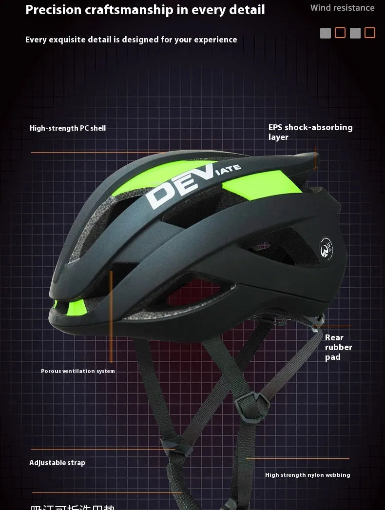 Adult bicycle helmet in matte black with colour accents, showing EPS and PC construction and adjustable fit.